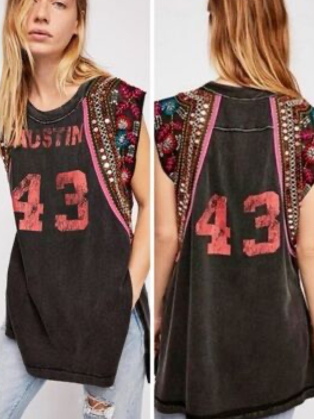 Free People x We The Free Washed Black Summer Nights Sequined AUSTIN 43 Tee LG